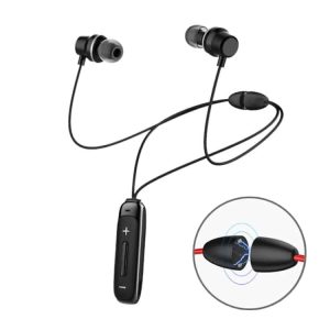 Wireless in-ear headphones with a control module and dual earbuds connected by a flexible cable.