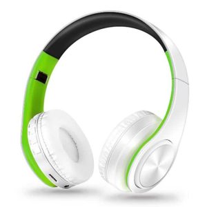 Wireless headphones with a white and green design, featuring cushioned ear pads and an adjustable headband.