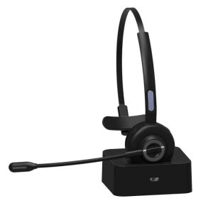 Wireless headset with a microphone on a charging base, designed for communication and audio purposes.