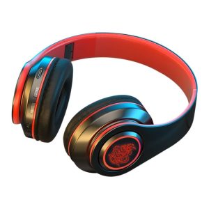 Over-ear headphones with a black and red design, featuring adjustable ear cups and control buttons on the side.
