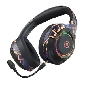 Over-ear gaming headset with colorful design and detachable microphone for immersive audio experience.