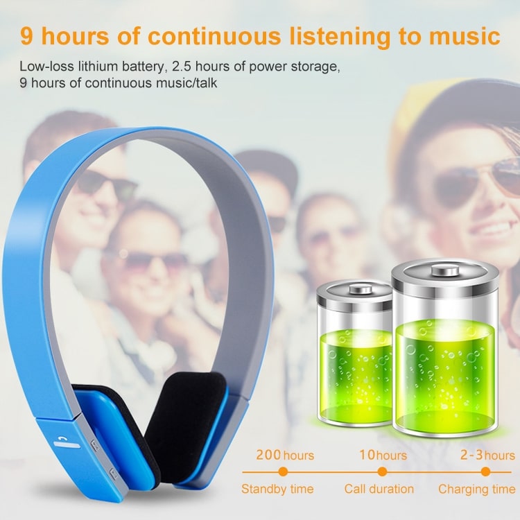 Wireless Bluetooth Stereo Earphones with Mic - AEC BQ618: Crystal Clear Sound, Perfect Fit, Ultimate Convenience 5 Blue Wireless Headphones With Specifications For Battery Life And Charging Time Displayed.