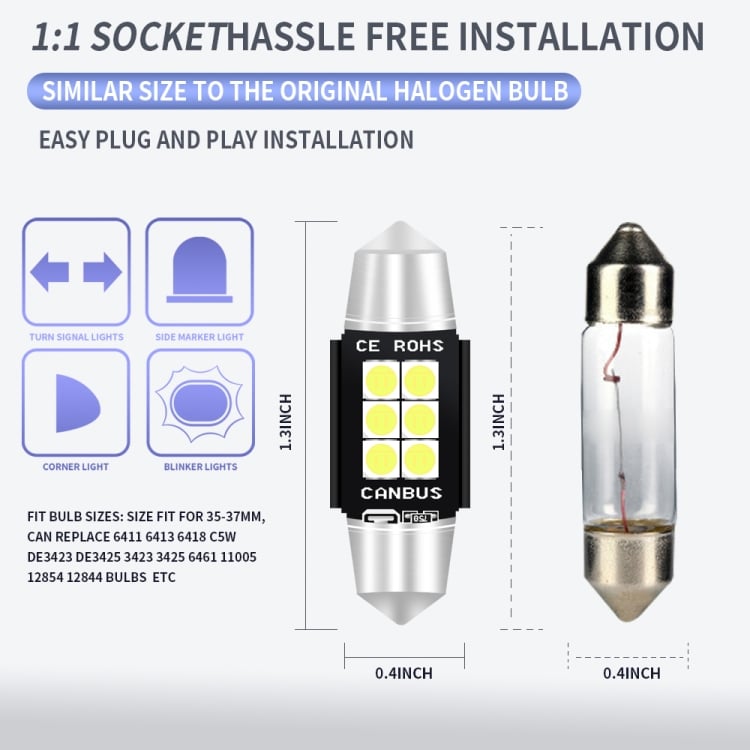 2 PCS 36mm DC12V-24V 3W 6000K 660LM 6LEDs SMD-3030 Car Reading Lamp / License Plate Light 3 2 Pcs 36Mm Dc12V-24V 3W 6000K 660Lm 6Leds Smd-3030 Car Reading Lamp / License Plate Light - Image 3