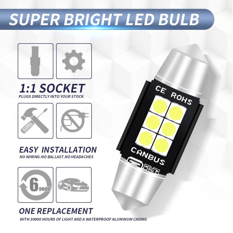 2 PCS 36mm DC12V-24V 3W 6000K 660LM 6LEDs SMD-3030 Car Reading Lamp / License Plate Light 4 2 Pcs 36Mm Dc12V-24V 3W 6000K 660Lm 6Leds Smd-3030 Car Reading Lamp / License Plate Light - Image 4