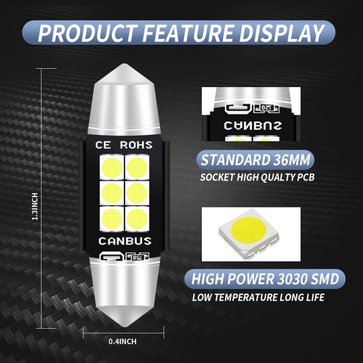 2 PCS 36mm DC12V-24V 3W 6000K 660LM 6LEDs SMD-3030 Car Reading Lamp / License Plate Light 5 2 Pcs 36Mm Dc12V-24V 3W 6000K 660Lm 6Leds Smd-3030 Car Reading Lamp / License Plate Light - Image 5