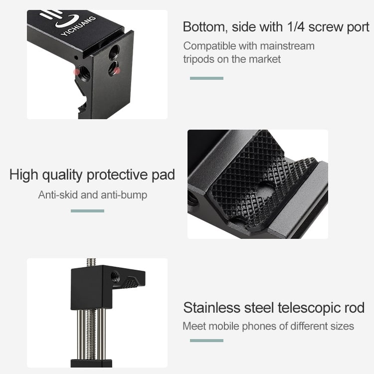 YICHUANG JH-01 Aluminum Alloy Phone Tripod Clip Holder for 65-95cm Lengo 6 Yichuang Jh-01 Aluminum Alloy Phone Tripod Clip Holder For 65-95Cm Lengo - Image 6