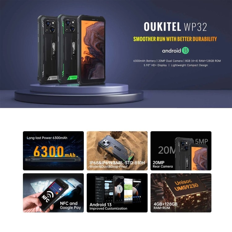 Oukitel WP32: IP68/IP69K, 5.93" Android 13, Unisoc Tiger T606, NFC, 4G, 4GB+128GB 2 Eda0062796 B1.Jpg
