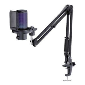 FEELWORLD VM1 RGB USB Gaming Microphone - Noise Cancelling, Boom Arm Stand