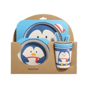 Bamboo Baby Dish Set - Cute Cartoon Fork, Plate, Spoon, Cup & Bowl Kit for Kids