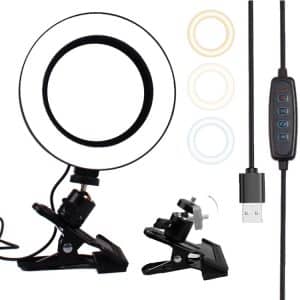 Adjustable 6" LED Ring Light - Strong Clip, 2m Cable - Desktop Computer Clip Light