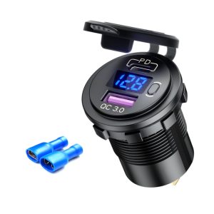 12V Car USB Charger with Voltage Display & PD QC3.0 Socket
