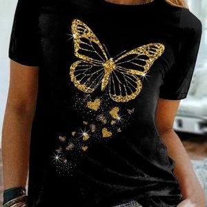 Black T-shirt featuring a gold butterfly design with heart shapes and sparkles.
