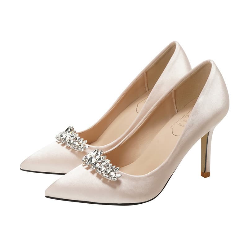 Champagne Gold Rhinestone Bridesmaid Shoes - Petite Size Elegance 4 Elegant Satin High Heels With Crystal Embellishments, Perfect For Formal Occasions And Weddings. Stylish And Luxurious Footwear Designed To Add Glamour To Any Outfit.