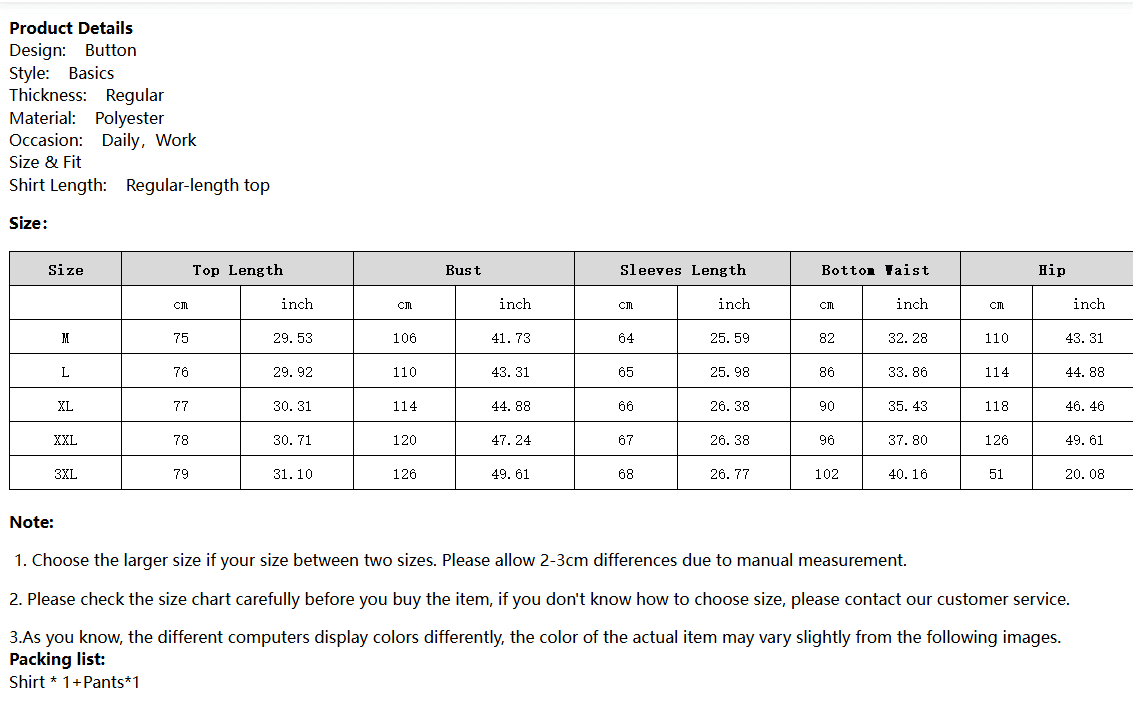 Effortless Elegance: White Casual Tunic Suit for Any Occasion 4 Size Chart For A Button Shirt Detailing Measurements For Various Sizes Including Length, Bust, Sleeves, Waist, And Hip.