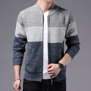 Men's knit cardigan featuring a color block design in gray and navy blue.