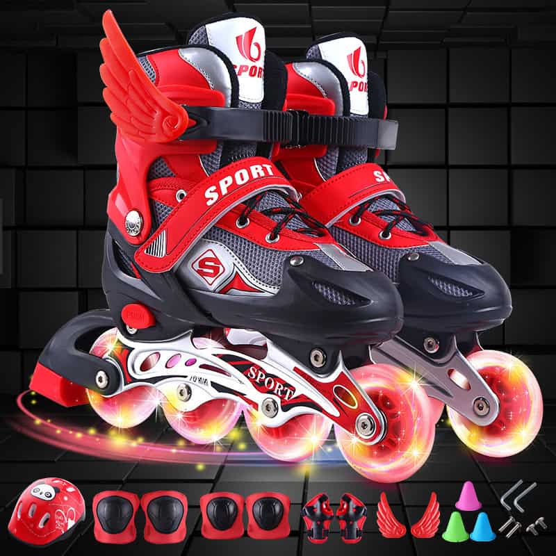 Speed and Precision Inline Roller Skates - Optimal Performance for all Skaters! 3 Light-Up Inline Skates With Red And Black Design Featuring Wing Accents, Adjustable Straps, And Led Wheels For Kids' Outdoor Activity And Sport Skating.