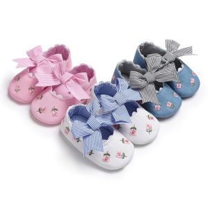 Pink and blue embroidered baby shoes with striped satin bows, perfect for infants and toddlers, available at Syndmart.