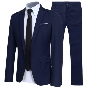 Syndmart men's formal navy blue suit with tailored blazer, dress shirt, and matching trousers, ideal for business, events, and professional occasions. High-quality, stylish, and comfortable business attire.