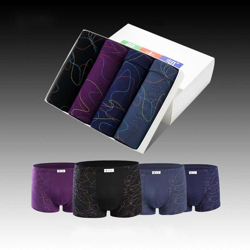Fresh & Stylish: Men's Ultimate Comfort 4-Pack Boxer Briefs - All-Day Support 2 Box Containing Four Pairs Of Men'S Underwear In Different Colors And Patterns.