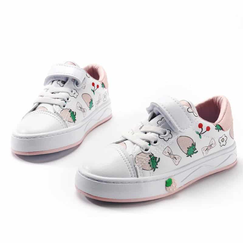 Girls' Cute Cartoon Toddler Low-top Sneakers - Comfy & Stylish for Little Feet 5 Bright White Children'S Sneakers Featuring Cute Fruit And Flower Illustrations, With Pink Accents And Comfortable Design, Ideal For Kids' Casual And Everyday Wear.