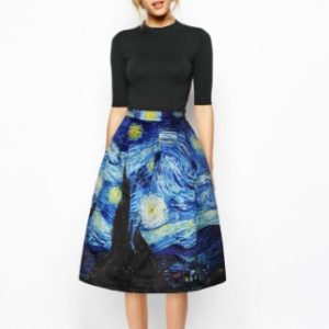 A woman wearing a skirt featuring a Starry Night print by Vincent van Gogh.