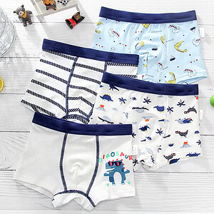 Set of five children's underwear featuring dinosaur and striped patterns in various colors.