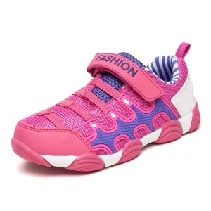 Bright pink and purple children's athletic sneakers with breathable mesh, adjustable strap, and cushioned sole, ideal for active kids and casual wear.