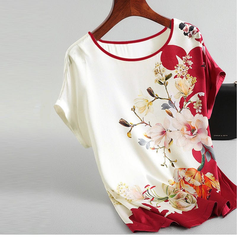 Floral Print Plus Size Silk Satin Bat Sleeve Shirt - Casual Elegance in Plus Sizes 4 Short Sleeve Top Featuring A Floral Print Design In Red And Cream Colors.