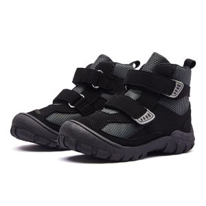 Durable black children's hiking shoes with Velcro straps, rugged soles, and breathable mesh for outdoor activities and everyday wear. Perfect for active kids and outdoor adventures.