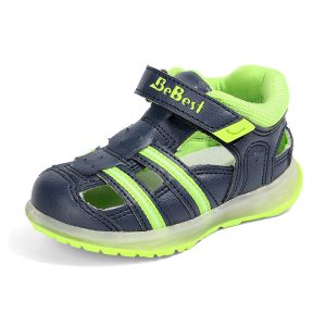 Bright navy blue and neon green children's sports sandal with adjustable strap and breathable design for active kids. Perfect for outdoor play and casual wear.