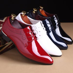 Shiny patent leather dress shoes in red, white, navy, and black colors with sleek design for formal occasions. Perfect for men’s fashion, high-quality craftsmanship, and stylish footwear.