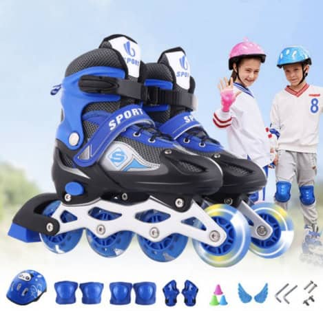 Speed and Precision Inline Roller Skates - Optimal Performance for all Skaters! 4 High-Quality Blue And Black Inline Skates Designed For Kids, With Adjustable Straps And Durable Wheels, Perfect For Beginner Skaters And Outdoor Roller Skating Fun.