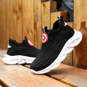 Comfortable athletic sneakers with black knit upper and white cushioned sole, superhero themed shoe design, perfect for active lifestyle and casual wear, trendy sports footwear for men and women.