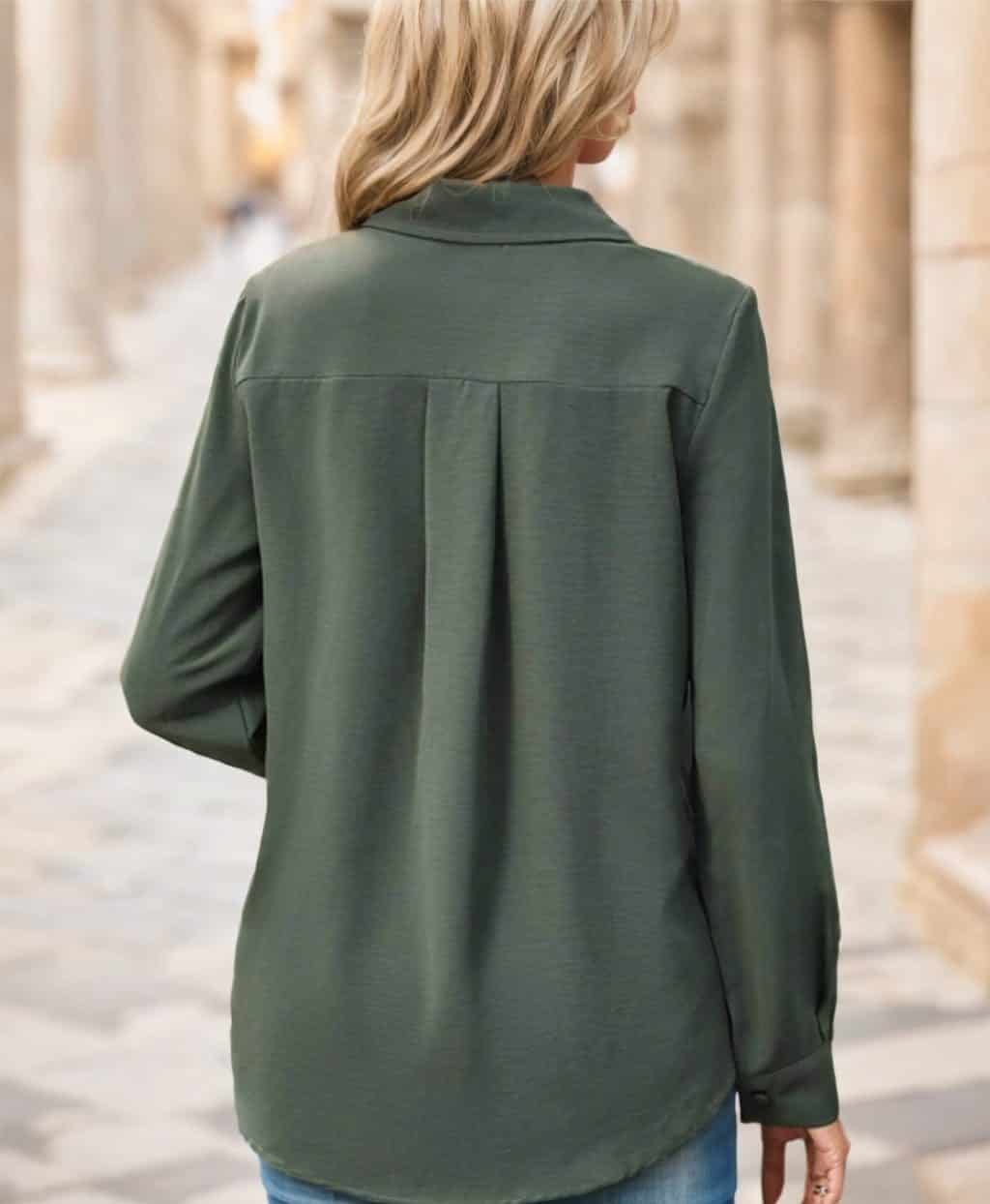Chic Solid Women's Shirts: Versatile style for the modern woman - a wardrobe essential. 2 Back View Of A Woman Wearing A Green Long-Sleeve Button-Up Shirt With A Pleat Detail.
