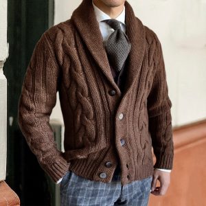 Warm brown cable-knit cardigan for men with classic buttons, perfect for winter Fashion, cozy winter wear, stylish men's knitwear, formal casual outfit, sophisticated men's clothing, Syndmart.
