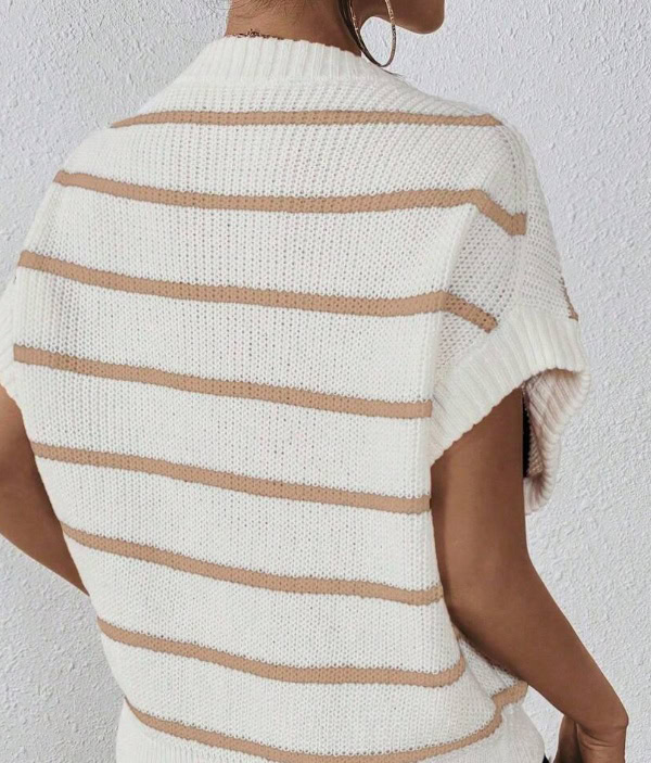 Chic Striped Batwing Knit Top - Effortless Style Statement 4 Back View Of A Striped Knit Sweater Featuring Beige And White Horizontal Stripes.