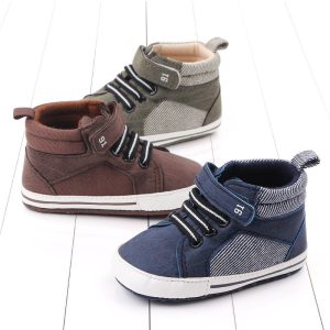 Stylish kids' sneakers with high-top design, breathable fabric, and adjustable straps, perfect for active children and casual outings. Available in brown, gray, and navy blue colors.
