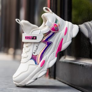 Bright white kids' sneakers with colorful rainbow accents, pink details, and a convenient Velcro strap, perfect for trendy children's footwear.