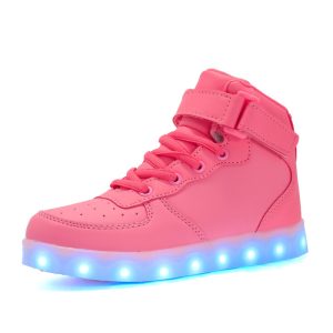 Pink LED light-up high-top sneakers for kids, stylish and fun footwear with illuminated soles, perfect for active children and trendy fashion statements.