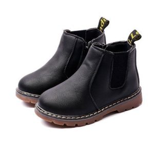 Black leather children's ankle boots with elastic sides and durable rubber soles, ideal for casual wear and outdoor activities. Perfect for toddlers and kids.