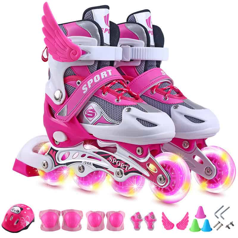 Speed and Precision Inline Roller Skates - Optimal Performance for all Skaters! 1 Pink Youth Inline Skates With Led Wheels And Adjustable Straps For Kids' Sports And Recreational Skating. Includes Helmet, Knee Pads, Elbow Pads, And Safety Gear For Children. Bright, Fun, And Safe.