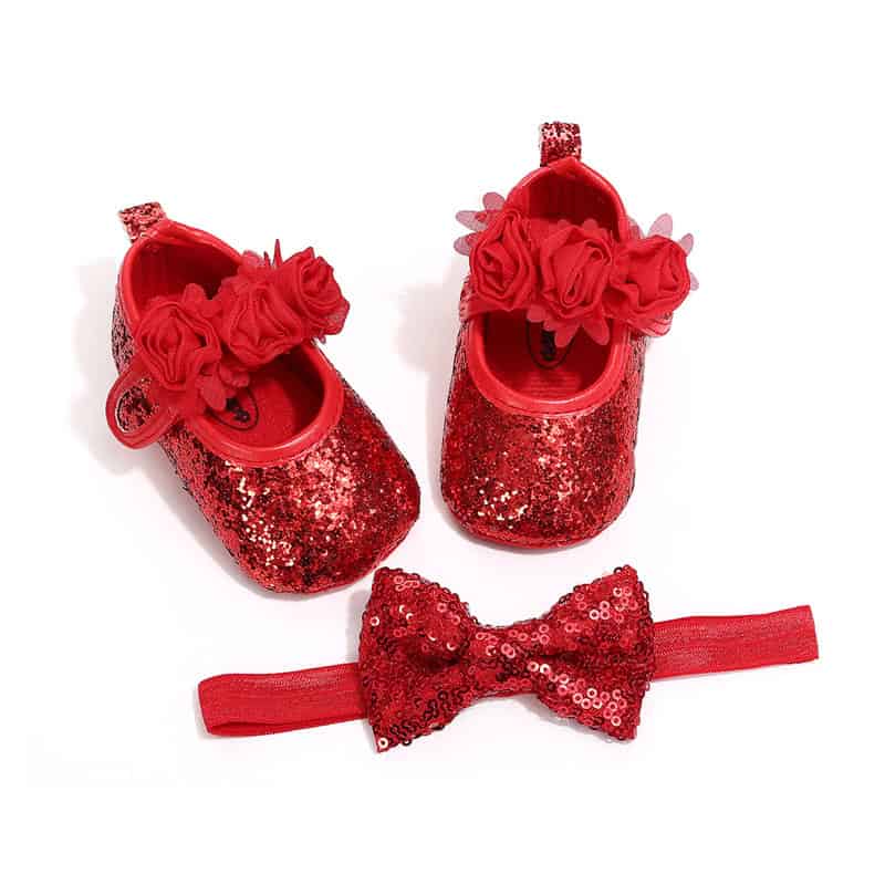 Happy Feet Toddler Baby Shoes - Comfortable and Stylish Pick for Your Little One! 5 Sparkly Red Baby Shoes With Ruffle Ankle Detail And A Matching Sequin Bow Tie, Perfect For Special Occasions And Celebrations.