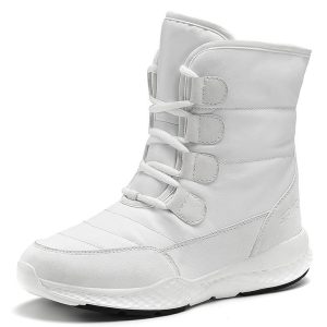 Comfortable white winter snow boots with lace-up and strap closures for cold weather outdoor activities, perfect for hiking, snow trekking, or everyday winter wear. Stylish, durable, and insulated.