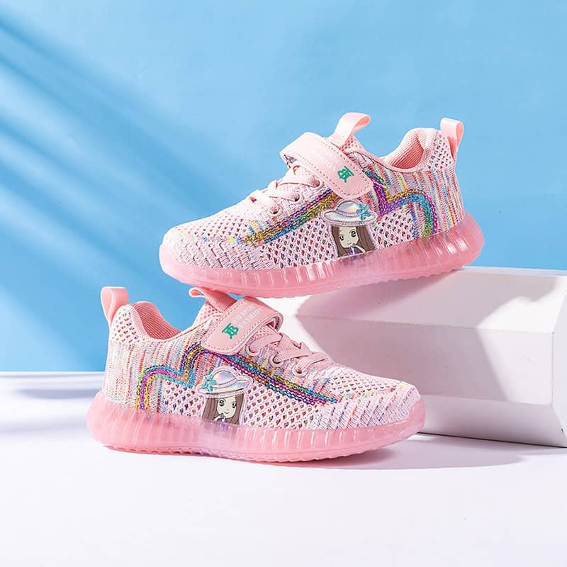 Kids' Active Sneakers: Fun & Stylish Sports Shoes for Everyday Adventures 2 Colorful Children’s Mesh Sneakers With Rainbow Accents, Cartoon Character Detail, And Cushioned Pink Soles For Comfort And Style. Perfect For Kids’ Activewear And Casual Outings.