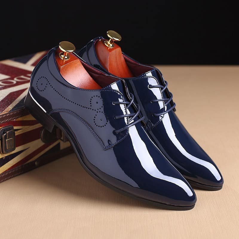 Elegance Defined: Men's Classic Black Leather Slip-On Dress Shoes 4 Polished Navy Blue Men'S Dress Shoes With Lace-Up Design And Wooden Shoe Trees, Elegant Footwear For Formal Occasions, High-Quality Leather, Stylish Men'S Business Shoes, Syndmart Product.