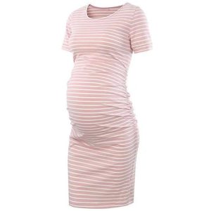 Pink striped maternity dress with short sleeves and gathered sides for a fitted look.