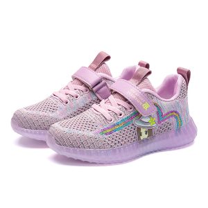 Colorful children's sneakers with rainbow and cartoon character design, breathable mesh upper, pink accents, and cushioned sole for comfort and style. Perfect for Kids’ active wear and casual outings.