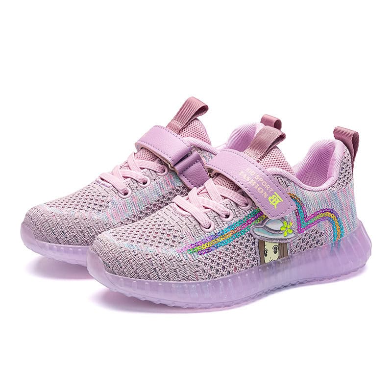 Kids' Active Sneakers: Fun & Stylish Sports Shoes for Everyday Adventures 1 Colorful Children'S Sneakers With Rainbow And Cartoon Character Design, Breathable Mesh Upper, Pink Accents, And Cushioned Sole For Comfort And Style. Perfect For Kids’ Active Wear And Casual Outings.