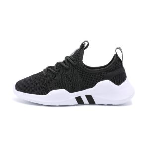 Comfortable black athletic sneaker with breathable mesh upper and cushioned white sole, ideal for sports and casual wear. Designed for style and performance.