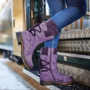 Comfortable purple suede ankle boots with chunky heel and lace-up design, perfect for stylish fall or winter outfits. Suitable for casual wear, available at Syndmart.